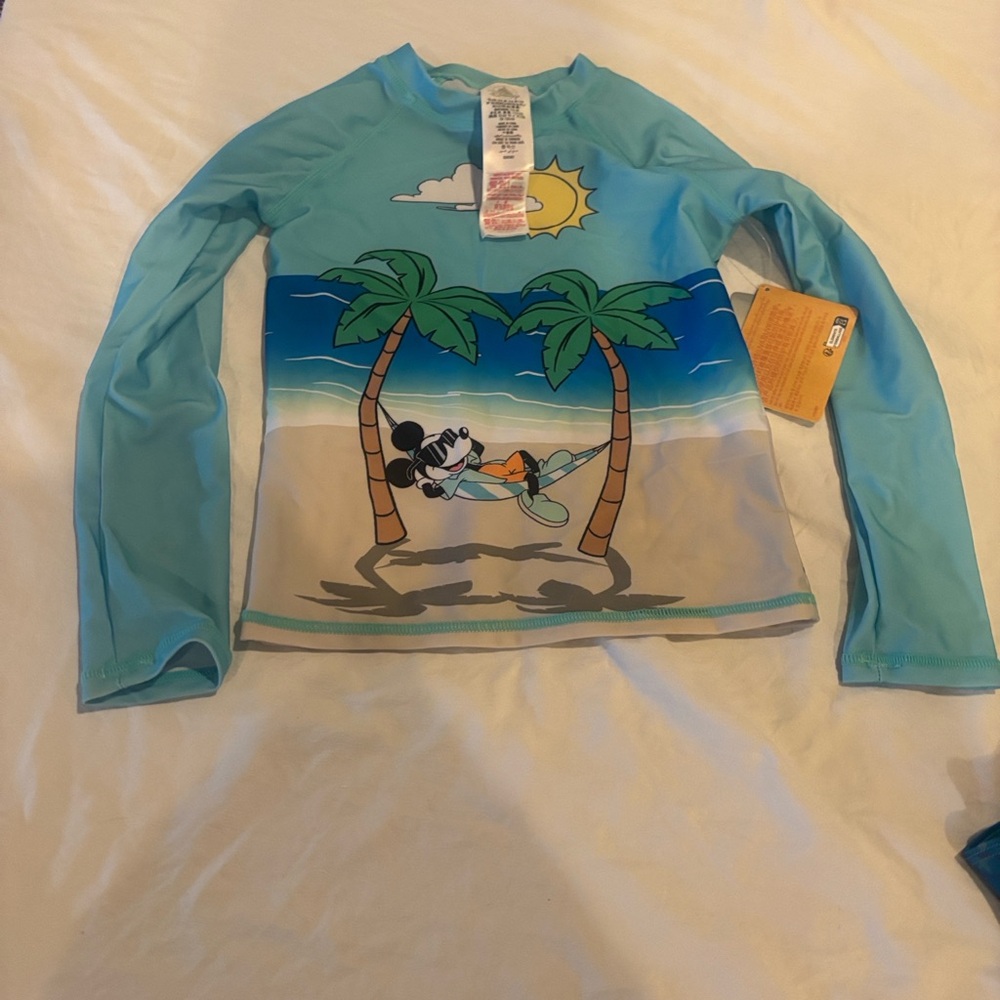 Disney Light Blue Kids Long Sleeve Rashguard with Beach Mickey Graphic